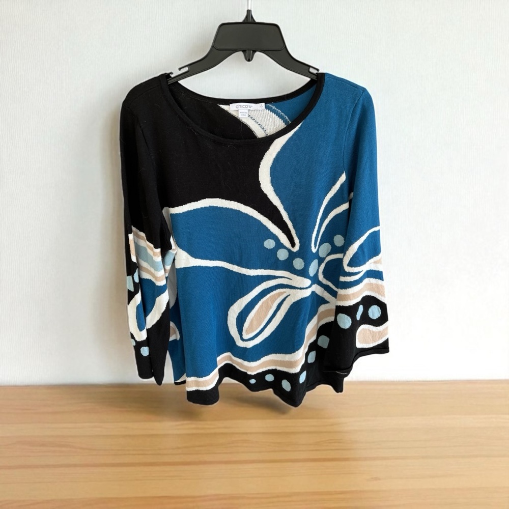 Chico's Black and Blue Floral Sweater